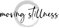 Moving Stillness logo: text over zen brushed circle
